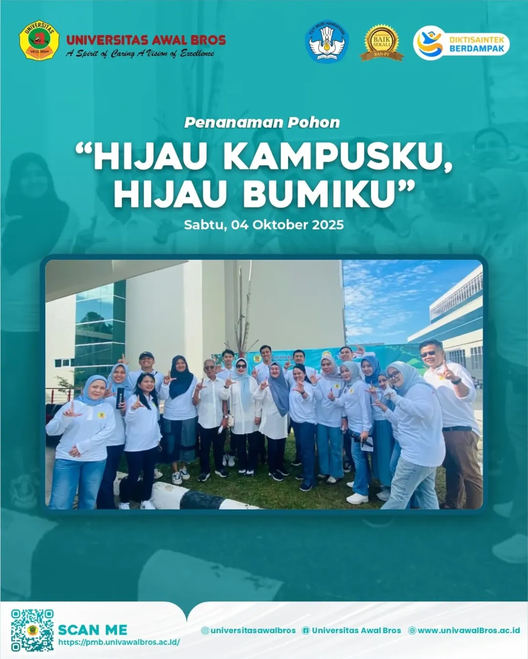 Universitas Awal Bros sukses melaksanakan kegiatan penanaman pohon bersama dengan tema “Hijau Kampusku, Hijau Bumiku” sebagai wujud nyata kepedulian terhadap pelestarian lingkungan hidup serta mendukung terwujudnya kampus hijau berkelanjutan.
